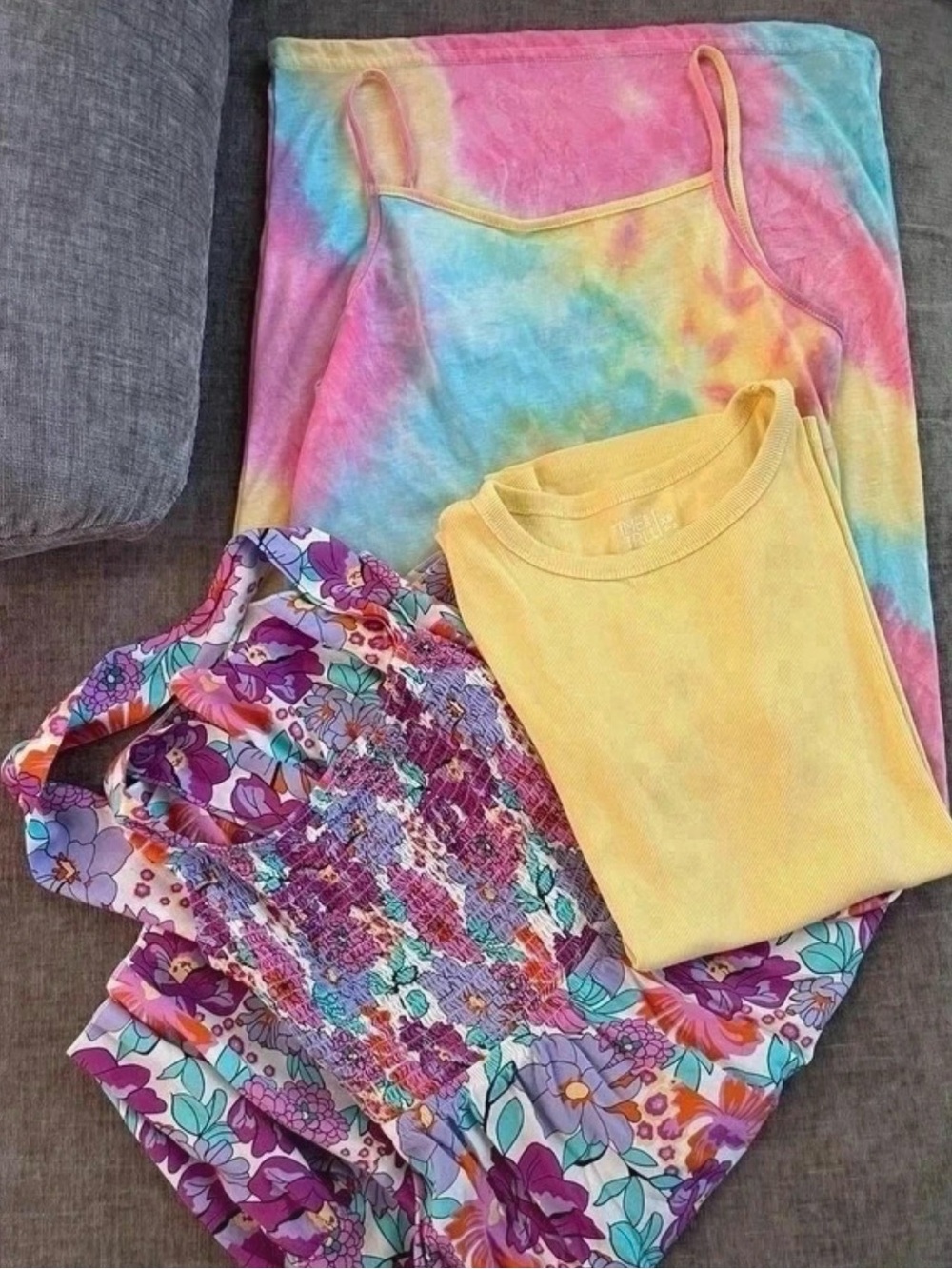 Bundle - Tie-Dye Dress, Yellow Tee & Floral Smocked Dress Set
